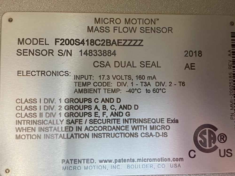 Micro Motion 2" x 1-1/2" 150# 316 Stainless Flow Meter F200S418C2BAEZZZZ (K)
